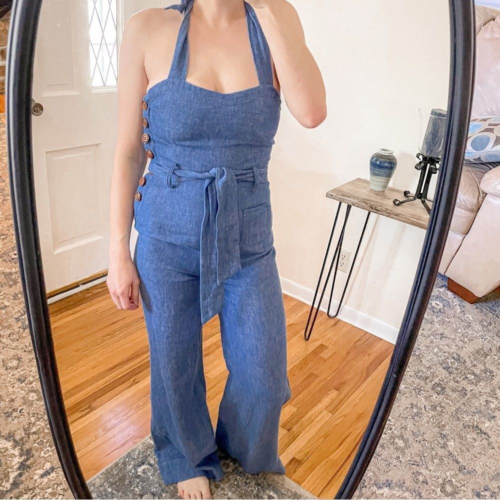 elevenses Blue Halter Wide-Leg Jumpsuit with Side Buttons
